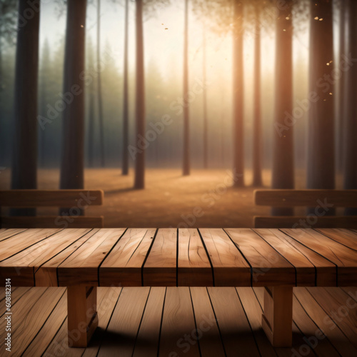 Empty wooden table for product display with field background ai generative