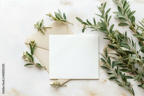 Summer wedding stationery with olive tree brunches. Blank greeting card invitation mockup on the table. Generative AI