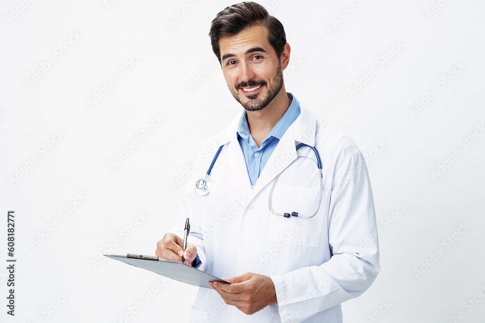 Man doctor in white coat with stethoscope and folder for notes and patient records smile and good test results look into camera on white isolated background, copy space, space for text, health Man doctor in white coat with stethoscope and folder for notes and patient records smile and good test results look into camera on white isolated background, copy space, space for text, health