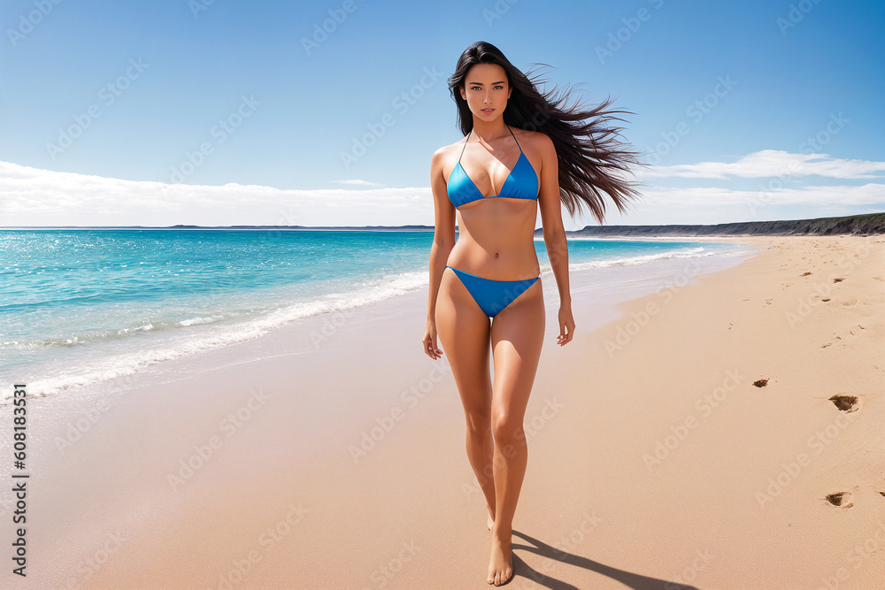 A beautiful young woman on vacation splashes in the sea relaxing on the rocky beach  in a hot tourist country. Generative AI