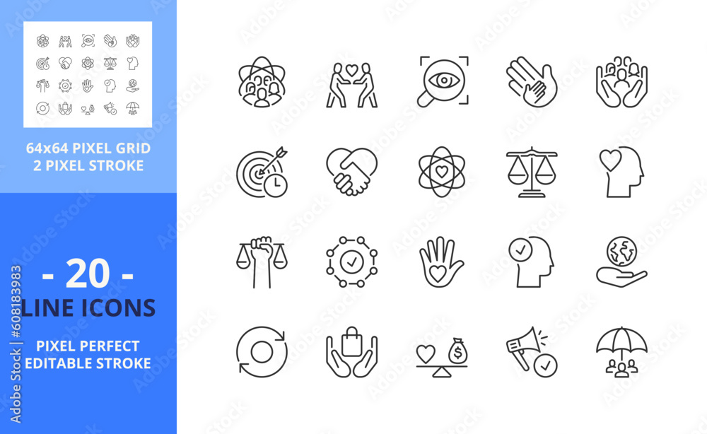 Line icons about corporate social responsibility. Pixel perfect 64x64 and editable stroke