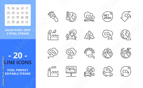 Line icons about co2 emissions. Pixel perfect 64x64 and editable stroke