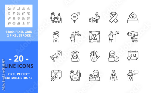 Line icons  about feminism. Pixel perfect 64x64 and editable stroke