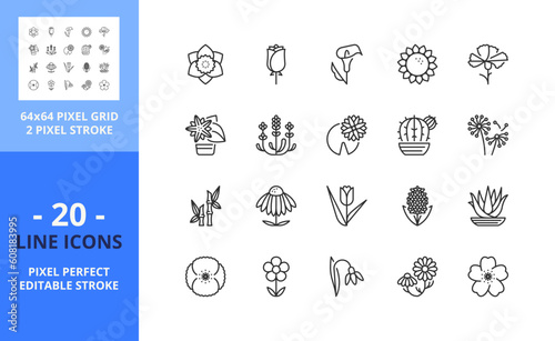 Line icons about flowers and plants. Pixel perfect 64x64 and editable stroke