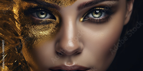 Hübsche Frau mit Gold geschminktem Gesicht blickt in die Kamera Nahaufnahme, ai generativ