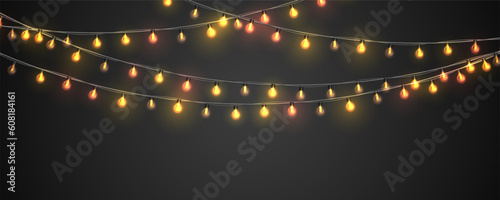 Lamp garlands on dark background. Template for party, carnival, christmas, birthday or presentation. Vector illustration.