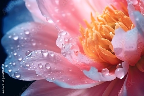 close up of pink flower. Beautiful transparent drops of water or dew with sun glare on petal of pink peony flower, macro. Gentle artistic image of purity and beauty of nature. Bright. Generative AI