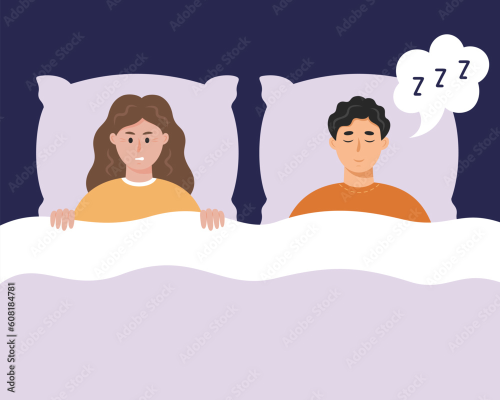 Young woman suffering of her partner's snore at night. Snoring man in