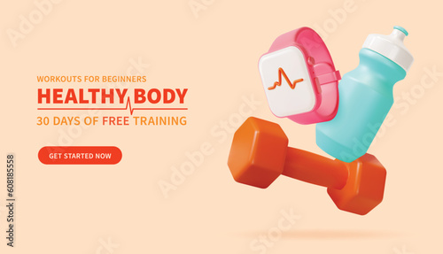 3d Workouts for Beginners Healthy Body Training Ads Banner Concept Poster Card Cartoon Style. Vector illustration