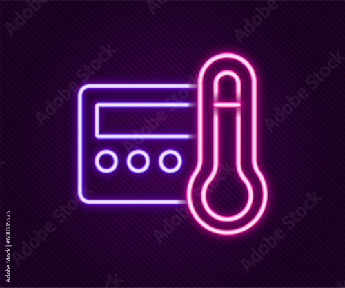 Glowing neon line Thermostat icon isolated on black background. Temperature control. Colorful outline concept. Vector