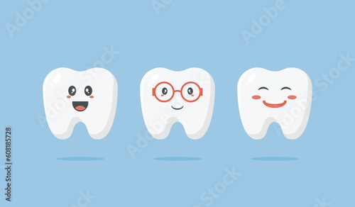 Cute little teeth characters. Vector illustration of cute cartoon teeth with smiling expression and glasses designed in kawaii style. Use for kids medical centre, dentist, poster, banners.