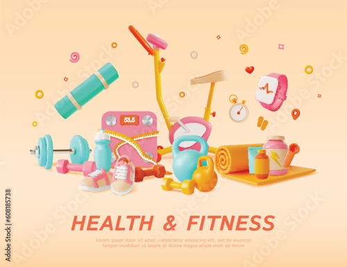 3d Health and Fitness Products Ads Banner Training Gym Concept Poster Card Cartoon Style. Vector illustration