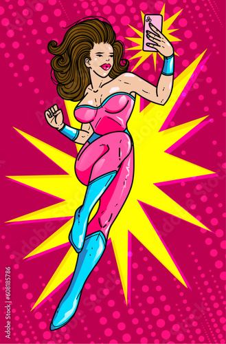A glamorous superwoman takes a selfie with her phone. Pop-art style, vector illustration. 