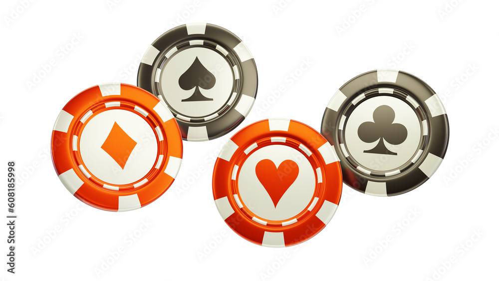 Red and black poker gaming chips tokens coins with playing cards symbols, hearts, spades, clubs, diamonds. 3d illustration Red and black poker gaming chips tokens coins with playing cards symbols, hearts, spades, clubs, diamonds. 3d illustration