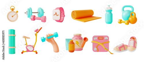 Fotografie, Obraz 3d Health and Fitness Concept Cartoon Style Elements Include of Stopwatch and Hand Holding Dumbbell