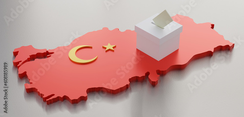 Presidential and parliamentary elections in Turkey. The concept of the second round of elections. Turkey map and ballot box. 3d illustration.