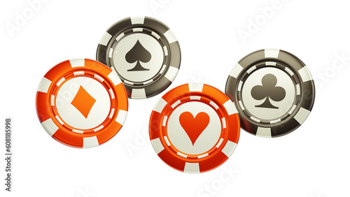 Red and black poker gaming chips tokens coins with playing cards symbols, hearts, spades, clubs, diamonds. 3d illustration
