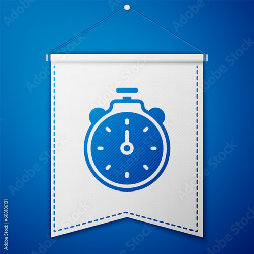 Blue Stopwatch icon isolated on blue background. Time timer sign. Chronometer sign. White pennant template. Vector
