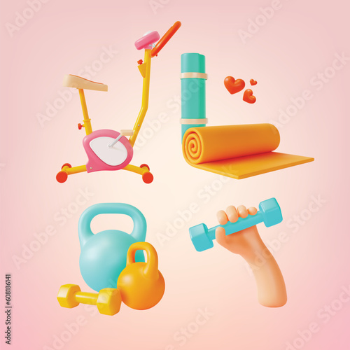 3d Health and Fitness Concept Cartoon Style Elements Include of Muscle Exercise Bike and Yoga Mat. Vector illustration