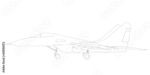 Military fighter jet outline. Vector art illustration of contour airplane. Modern war aircraft. Supersonic speed..