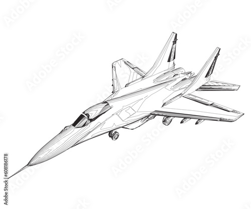 Military fighter jet outline. Vector art illustration of contour airplane. Modern war aircraft. Supersonic speed. 3D.
