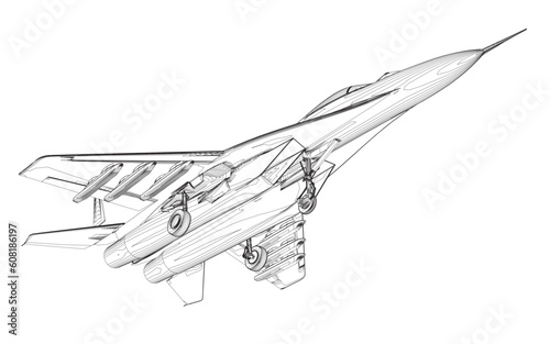 Military fighter jet outline. Vector art illustration of contour airplane. Modern war aircraft. Supersonic speed. 3D.