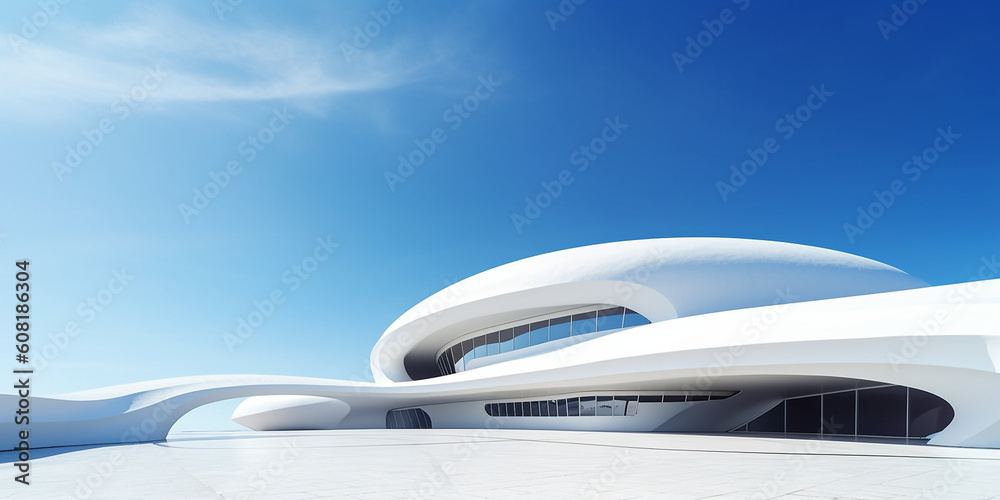 Futuristische weiße moderne Häuser mit runden Formen und Himmel, ai generativ