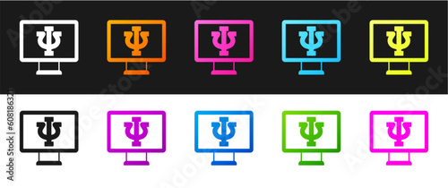 Set Online psychological counseling distance icon isolated on black and white background. Psychotherapy, psychological help, psychiatrist online consulting. Vector