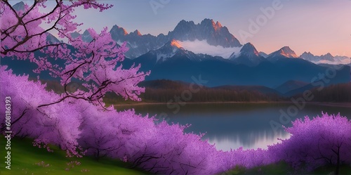 Landscape of bright purple blooming landscape.