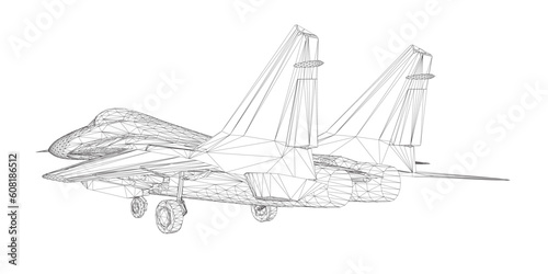 Military fighter jet wireframe. Vector art illustration of wireframe airplane. Modern war aircraft. Supersonic speed. 3D..