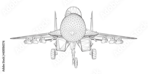 Military fighter jet wireframe. Vector art illustration of wireframe airplane. Modern war aircraft. Supersonic speed. 3D..