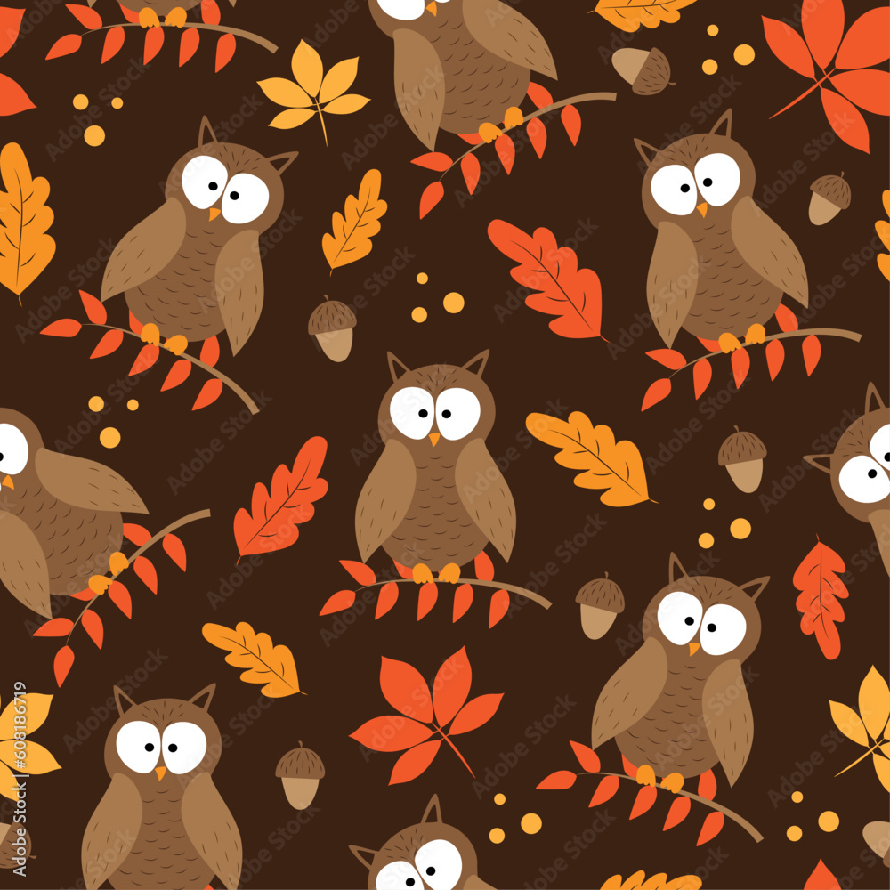 Owl birds and autumnal leaves seamless pattern. Good for textile print, wallpaper, wrapping paper, label, cover, and other gifts design Owl birds and autumnal leaves seamless pattern. Good for textile print, wallpaper, wrapping paper, label, cover, and other gifts design