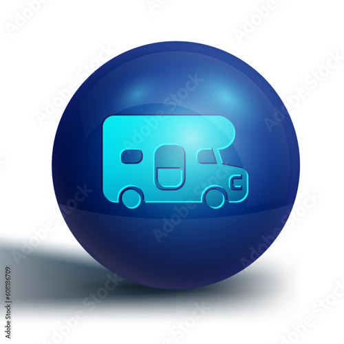 Blue RV motorhome vehicle icon isolated on white background. Camper mobile home, mobile home for summer trip. Blue circle button. Vector