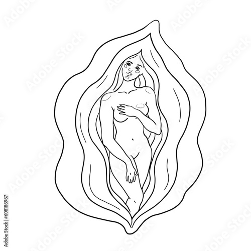 Vagina symbol with a girl inside. For medical gynecological services and products, as well as for feminine hygiene products and other uses. For stickers, logos, emblems, printing and website design.