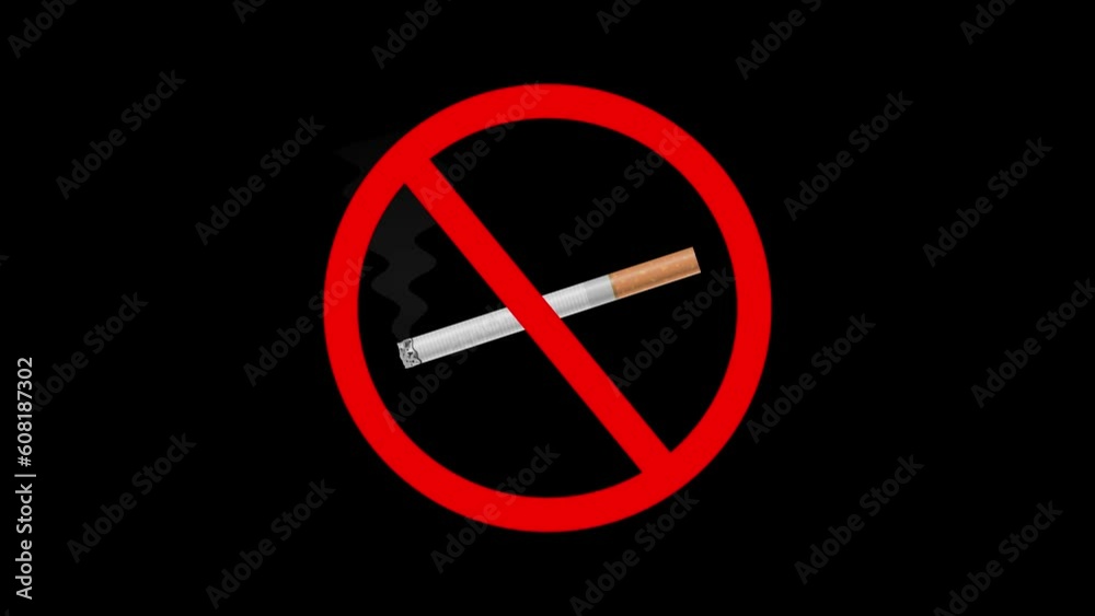 No smoking symbol with lit cigarette and emitting smoke. Animation of no smoking with cigarette and red circle. Health concept, better quality of life. Black Background No smoking symbol with lit cigarette and emitting smoke. Animation of no smoking with cigarette and red circle. Health concept, better quality of life. Black Background
