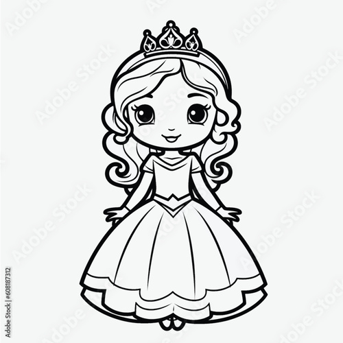 Black and White Princess Illustration  Minimalistic Coloring Page for Kids with Simple Shapes