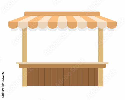 Empty vendor Wooden market stall with striped tent flat vector illustration