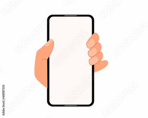 Hand holding phone with blank screen advertisement mobile phone, mobile app.