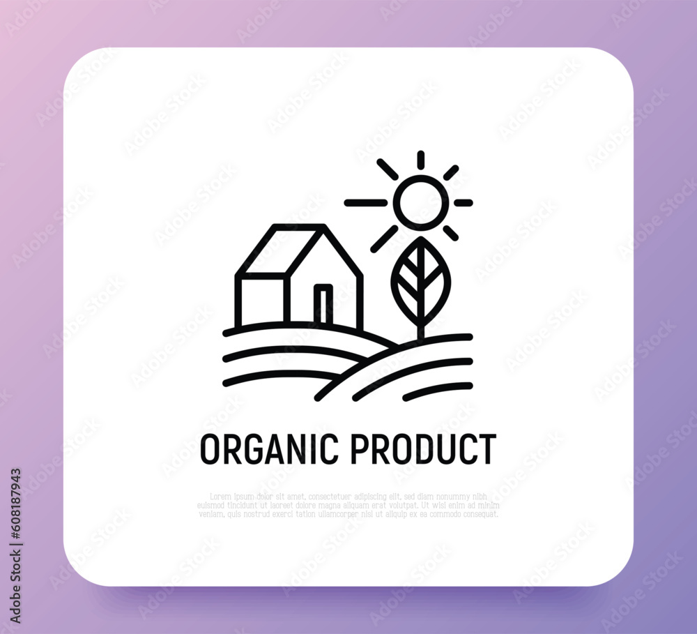 Organic product thin line icon. Farmer's house in field. Modern vector illustration.