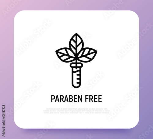 Paraben free sign. Thin line icon with leaf in test tube. Symbol for beauty product. Modern vector illustration.
