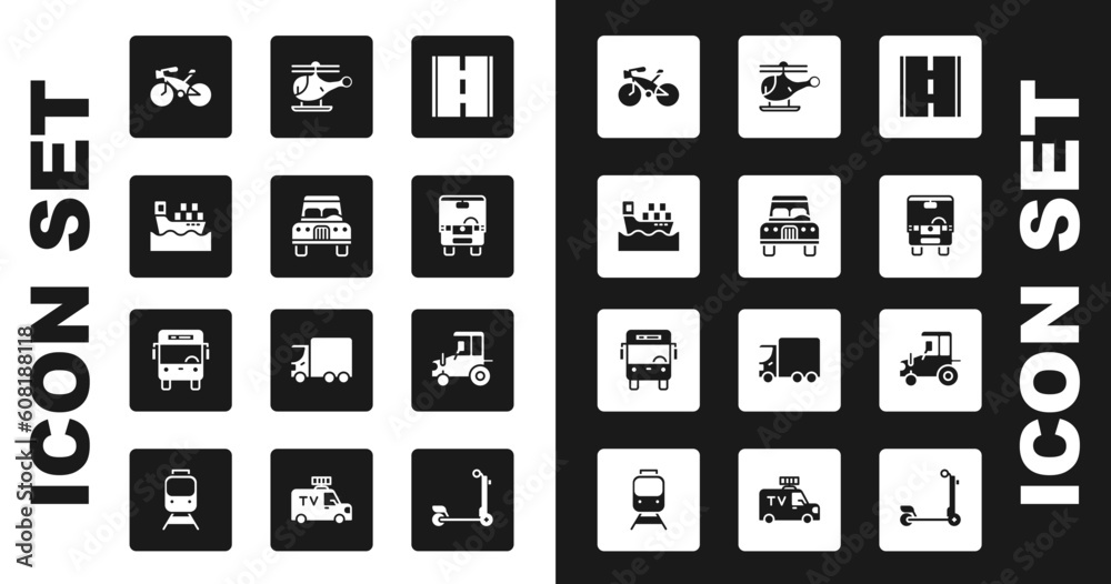 Set Road, Car, Cargo ship with boxes, Bicycle, Bus, Helicopter, Tractor and icon. Vector Set Road, Car, Cargo ship with boxes, Bicycle, Bus, Helicopter, Tractor and icon. Vector