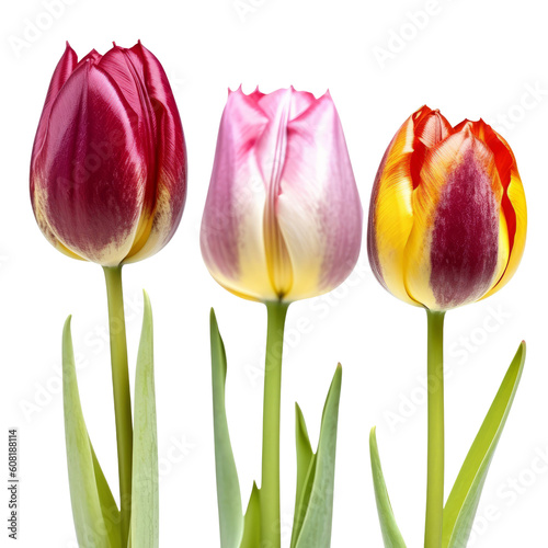 red and yellow tulips isolated on transparent background cutout