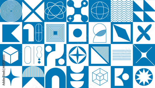 Geometric shapes blue pattern Brutalist style abstract vector illustration photo