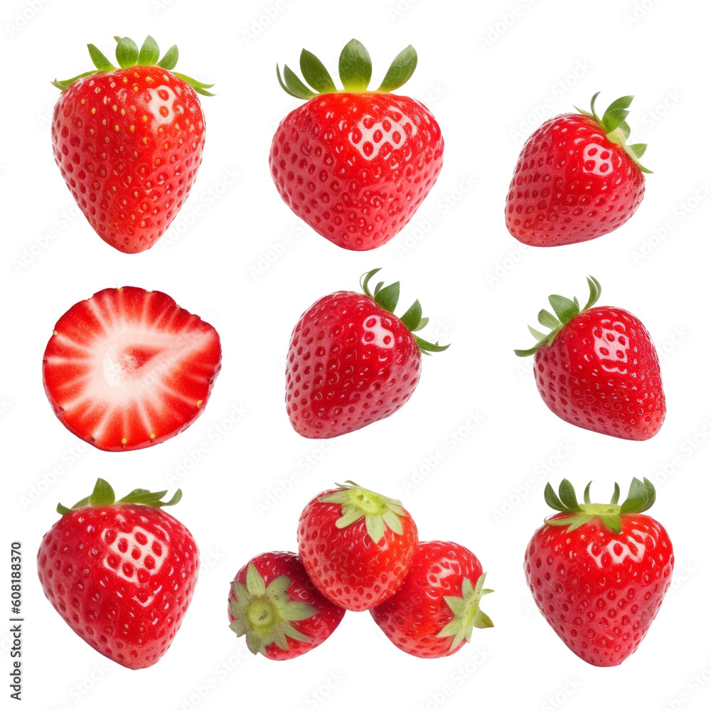 set of strawberries isolated on transparent background cutout set of strawberries isolated on transparent background cutout