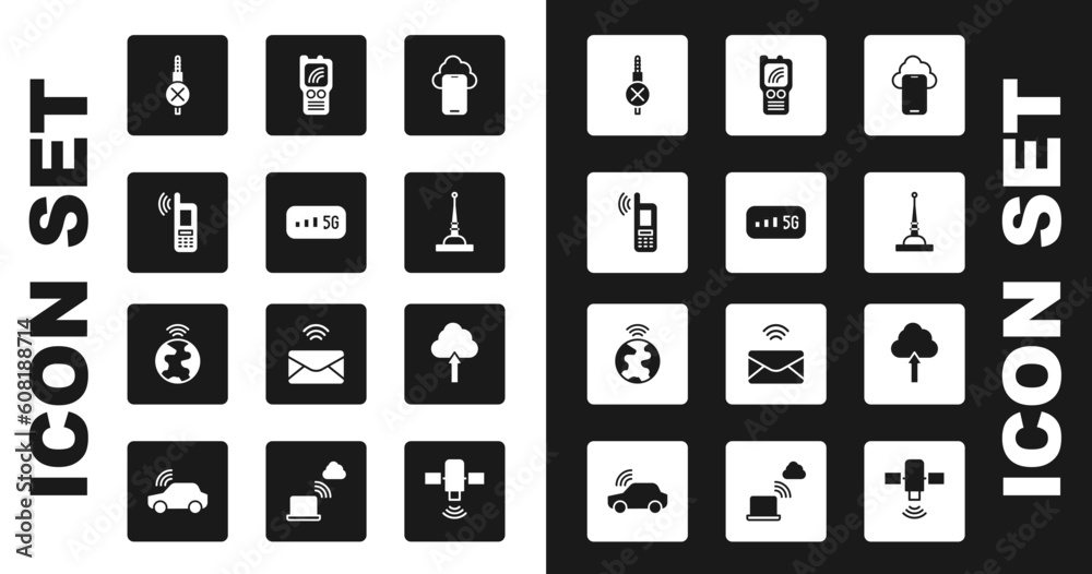 Set Cloud technology data, 5G wireless internet, Mobile with wi-fi, No audio jack, Antenna, Walkie talkie, upload and Global icon. Vector Set Cloud technology data, 5G wireless internet, Mobile with wi-fi, No audio jack, Antenna, Walkie talkie, upload and Global icon. Vector