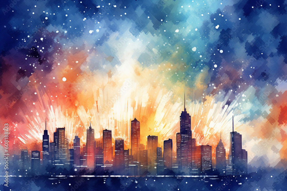 Fireworks illuminating the night sky over a city skyline, watercolor style, independence Day Generative AI