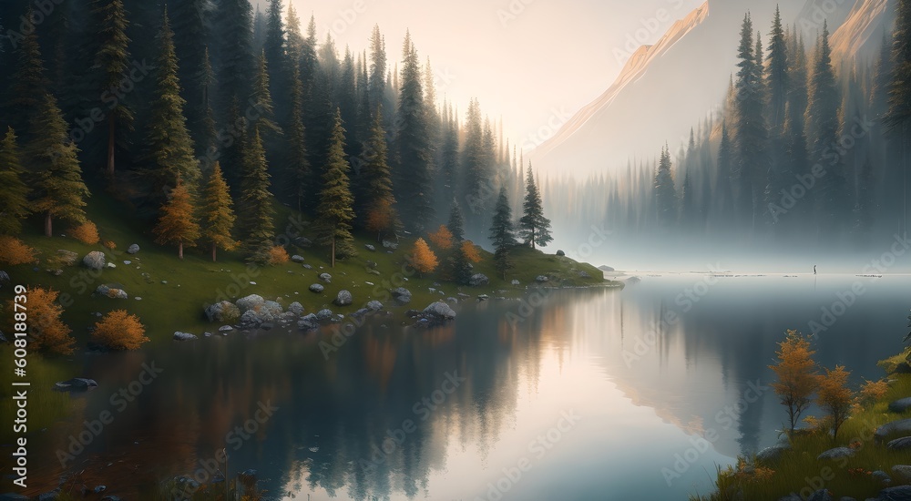 Naklejka premium Serene forest reflection in the lake [AI Generated]