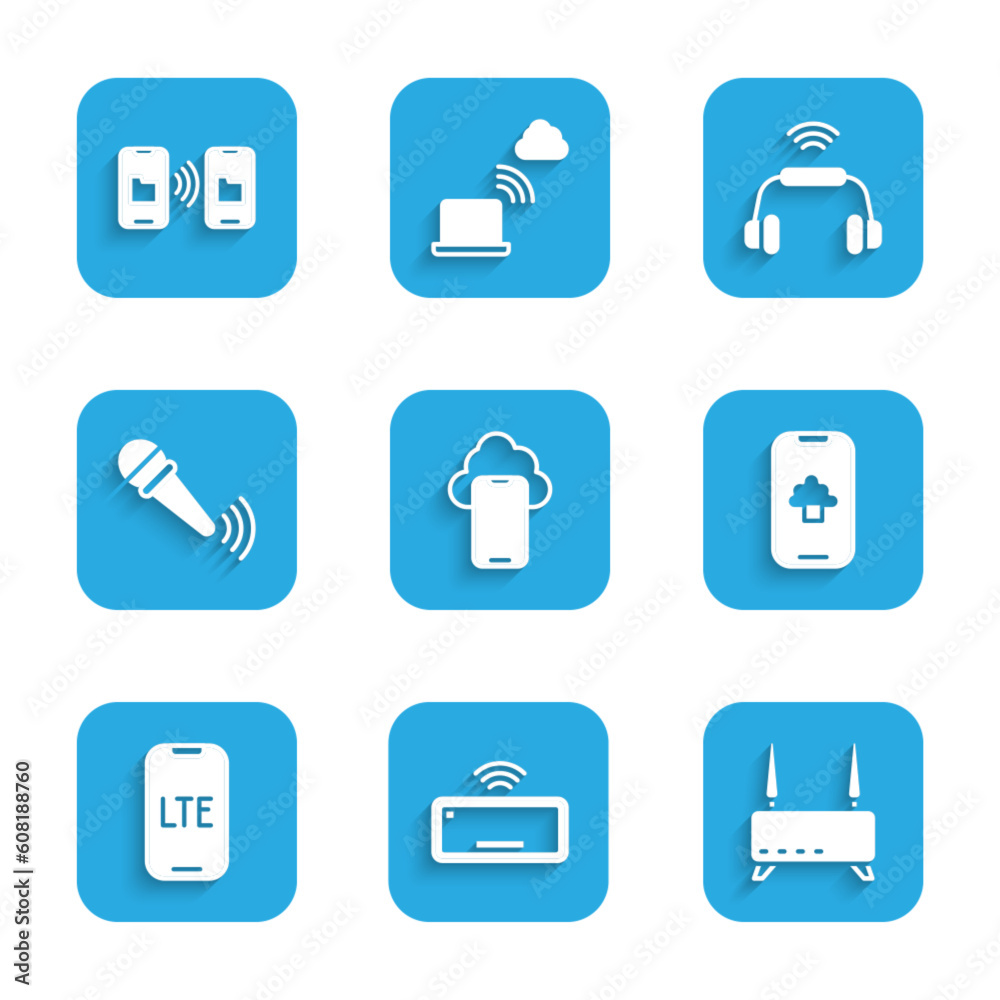 Set Cloud technology data, Computer keyboard, Router and wi-fi signal, LTE network, Wireless microphone, Smart headphones system and Data transfer storage icon. Vector Set Cloud technology data, Computer keyboard, Router and wi-fi signal, LTE network, Wireless microphone, Smart headphones system and Data transfer storage icon. Vector