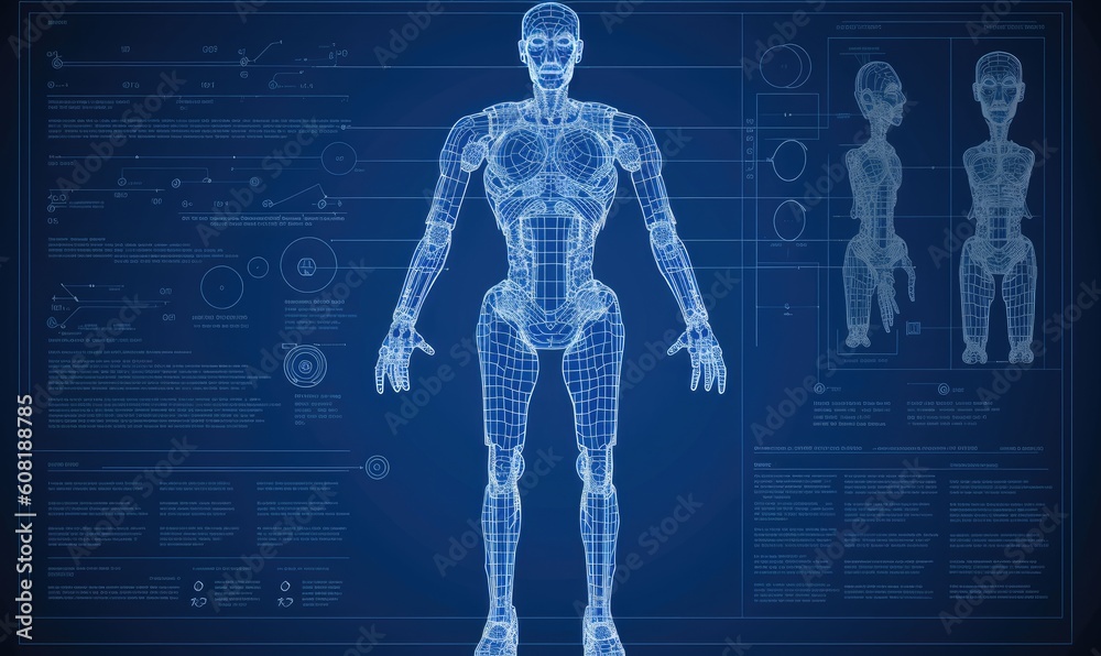 Infographic blueprint showcases the precise engineering and assembly of a robot. Creating using generative AI tools Infographic blueprint showcases the precise engineering and assembly of a robot. Creating using generative AI tools
