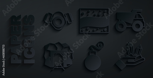 Set Bomb, Mining dump truck, Mine entrance, Gem stone, Gold mine and Gas mask icon. Vector